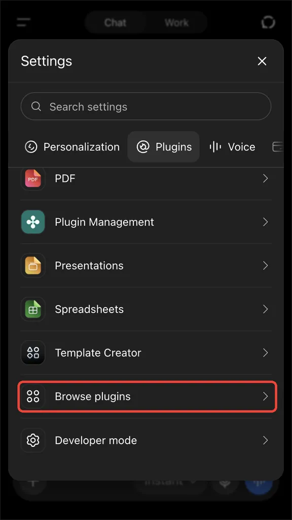 The plugin list with Browse plugins in it
