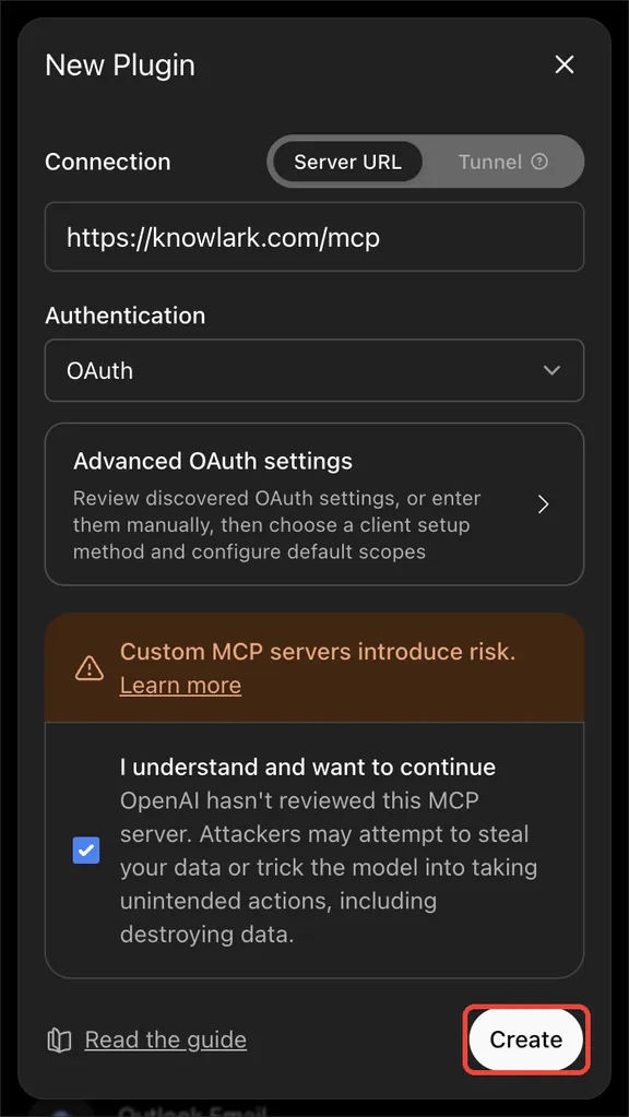 The bottom of the dialog with a Create button