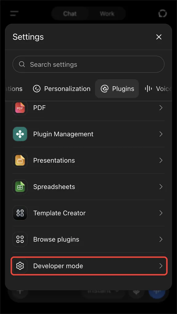 The plugin list with Developer mode at the bottom
