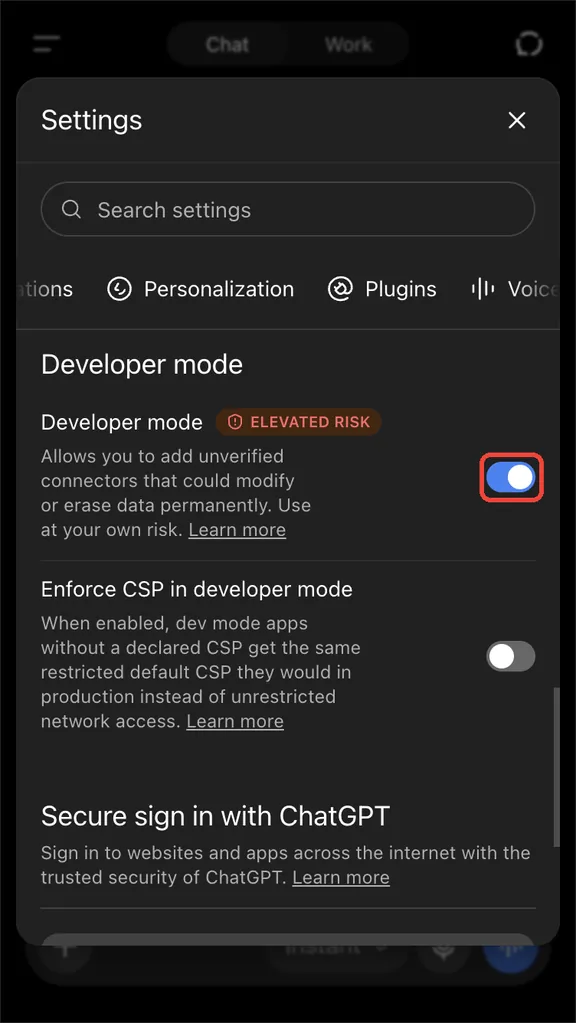 The Developer mode switch turned on