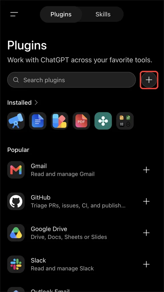 The Plugins page with a plus button