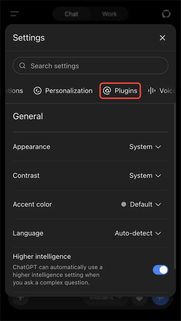 The ChatGPT settings window with a Plugins tab