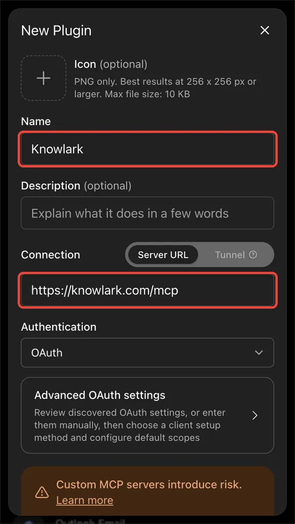 The New Plugin dialog with the Knowlark address