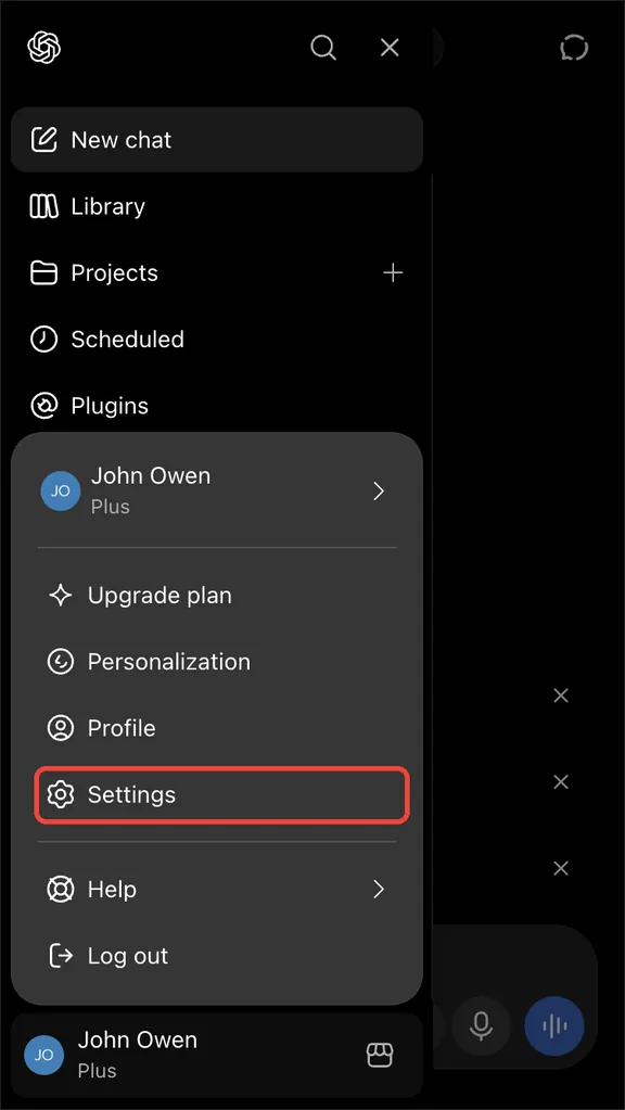 The ChatGPT account menu with Settings in it