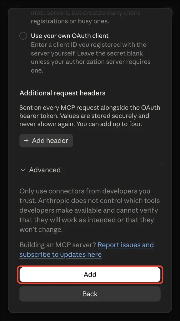 The bottom of the dialog with an Add button