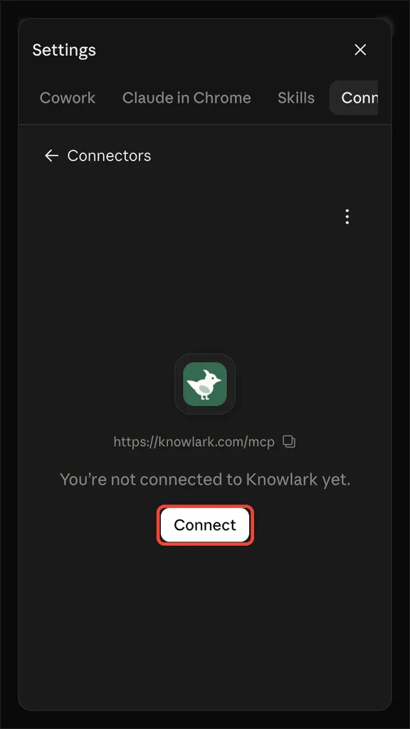 The Knowlark connector page with a Connect button