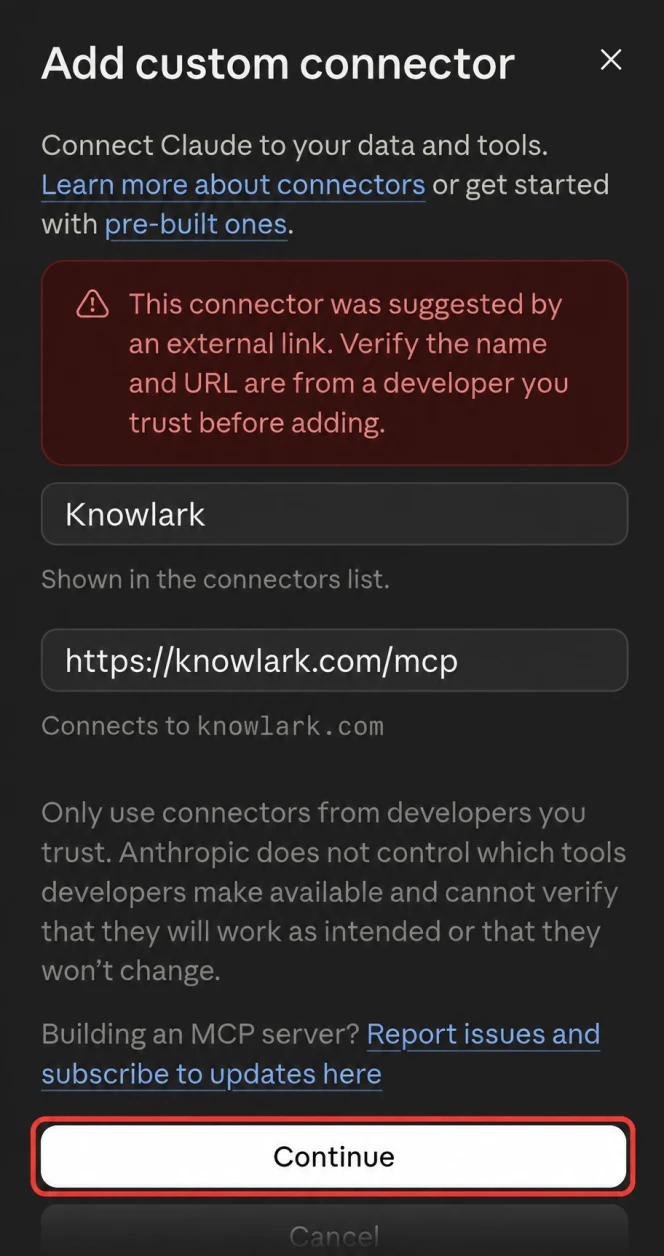 The Knowlark custom connector dialog with Continue highlighted